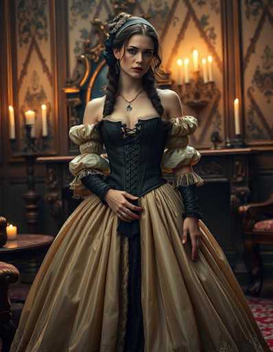 In this AI-generated image, a woman stands in a room that exudes an old-fashioned, Victorian ambiance. She is dressed in a striking black corset that accentuates her figure, paired with a voluminous skirt that flares out dramatically at the bottom. The skirt is adorned with a rich, gold fabric that adds a touch of opulence to her attire. Her long, dark brown hair is styled into two elegant braids that cascade over her shoulders, and she wears a blue headband that complements her outfit. A delicate necklace with a small pendant rests around her neck, adding a subtle touch of elegance.

The room around her is dimly lit, with candles placed on a table and a wall sconce providing additional illumination. The walls are decorated with intricate wallpaper that features a diamond pattern, enhancing the vintage feel of the setting. The overall atmosphere is one of timeless beauty and mystery, perfectly captured in this detailed and evocative image.
