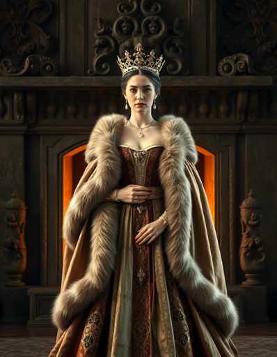 A woman stands in front of a fireplace with a large crown on her head and a fur coat draped over her shoulders. She is wearing a long dress that reaches down to the floor, and she has a necklace around her neck. The room features stone walls and columns, creating an atmosphere of grandeur and opulence.