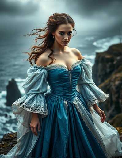 In this captivating image, a woman stands poised on a rugged cliff overlooking a vast, stormy ocean. Her long, wavy brown hair cascades down her back, partially tied up, with strands gently swaying in the wind. She gazes directly at the camera with a serious expression, her blue eyes striking against her fair skin. She wears a stunning blue dress with intricate white lace details, featuring a corset-like bodice that ties up the front and a flowing skirt adorned with delicate lace trim. The dress's sleeves are off-the-shoulder, adding to its elegant yet dramatic appearance. Her hands rest by her sides, and a hint of a white veil or scarf trails behind her, enhancing the ethereal quality of the scene. The background is a dramatic blend of dark, stormy clouds and crashing waves against the rocky shoreline, creating a powerful and evocative atmosphere.