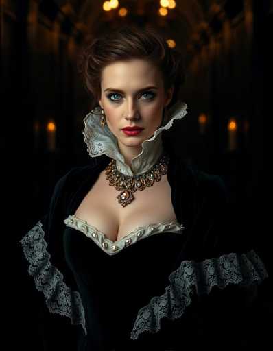 The image depicts a woman with striking blue eyes and red lips, her gaze directed straight at the viewer. She has short brown hair, styled in a bun, and wears gold earrings. Her attire is reminiscent of Victorian fashion, featuring a black dress with a high, white lace collar that extends up to her neck. The dress has a deep V-neckline adorned with white lace trim and small gold buttons. A prominent, ornate necklace with a large central gemstone hangs around her neck. The background is dark, with a few lit candles adding a subtle glow, enhancing the vintage and somewhat mysterious ambiance of the scene.