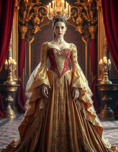 The image depicts a regal woman standing in an opulent throne room. She is adorned in a luxurious, long gold dress with intricate red and gold patterns, featuring a corset-like bodice with a V-shaped design. Her attire is complemented by a white, lacy cape that drapes elegantly over her shoulders. She wears a golden crown with red accents and dangling earrings, her dark hair pulled back into a ponytail. The room is richly decorated with gold accents, including a grand throne behind her, draped in red curtains. A chandelier hangs above, casting light on the scene, and two golden candelabras with white candles are positioned on either side of the throne. The floor beneath her is tiled in a pattern of red and white squares. The woman stands with her hands at her sides, gazing directly at the camera, exuding an air of majesty and power.