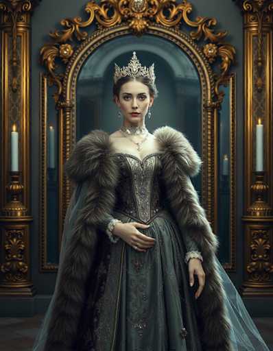 A woman stands in front of a large mirror with a gold frame and a fur cape draped over her shoulders. She is wearing a long, flowing dress that reaches down to the floor, and a crown on her head. The room has dark wood paneling and gold accents, creating an opulent atmosphere.