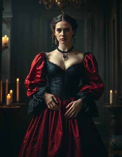 The image depicts a woman dressed in an elaborate, Victorian-inspired outfit. She is wearing a corset-style top with a deep V-neck, adorned with lace trim around the neckline and shoulders. The top features puffy, red sleeves that extend to her wrists, where they become ruffled. Her skirt is a matching deep red, made of a silky material, and is voluminous, extending to the floor. Around her neck, she wears a black choker necklace with a pendant that has a red jewel at its center. Her dark brown hair is styled in an updo, with some curls framing her face. She has a serious expression and is looking directly at the camera. The background is dimly lit, revealing a dark room with several lit candles on tables, adding to the vintage ambiance of the scene.