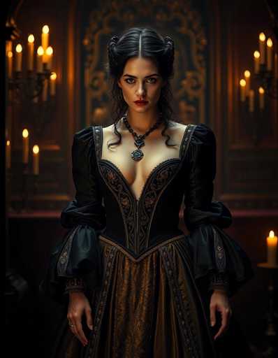 The image portrays a striking woman with dark, curly hair styled in an elaborate updo, reminiscent of a Victorian or medieval period. She is adorned in a black dress with intricate gold embroidery, featuring a deep V-neckline that reveals her cleavage and a corset-like bodice. The dress has voluminous, puffy sleeves that taper at the elbows and flare out again towards her wrists. Around her neck, she wears a heavy black beaded necklace with a prominent silver medallion. Her makeup is bold, with dark red lipstick and dark eyebrows, enhancing her serious expression. The background is dimly lit, with several lit candles in candlesticks and a single candle on a table, casting a warm glow that highlights the ornate wooden wall behind her. The overall scene exudes a sense of historical grandeur and mystery.