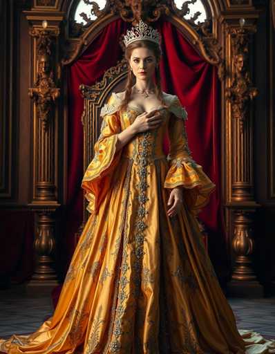 The image depicts a regal woman, possibly a queen, standing in a grand, ornate room. She is adorned in a luxurious golden-yellow dress embellished with intricate silver and gold patterns, including floral designs and diamond-like shapes. The dress features puffy sleeves that taper into tight cuffs and a low-cut neckline, revealing a hint of cleavage. Her hair is styled in two long braids that fall over her shoulders, and she wears a silver tiara with a floral design. A silver necklace with a cross pendant graces her neck. The woman stands with one hand placed on her chest and the other resting by her side, exuding a poised and dignified demeanor. Behind her is an elaborate throne with a red velvet curtain, framed by golden columns and intricate carvings. The room's floor is tiled in a grayish-blue hue, adding to the opulent atmosphere.