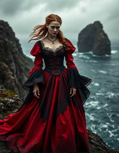 In this captivating image, a woman stands poised on a rugged cliffside overlooking a vast, stormy ocean. Her striking red hair cascades down, partially tied back, with a few strands flowing gently in the wind. She wears a long, elegant dress that combines deep red and black hues, adorned with intricate lace detailing around the neckline and sleeves. The dress features a corset-like bodice with a V-neckline, adding to its vintage allure. Around her neck, she sports a delicate necklace with a small pendant. Her hands rest gracefully by her sides, each adorned with a ring. The background reveals a turbulent sea with waves crashing against the rocks, and two large, imposing rock formations jutting out from the water. The sky above is overcast, filled with dark, brooding clouds, enhancing the dramatic and moody atmosphere of the scene.