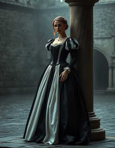 The image depicts a woman dressed in an elaborate, old-fashioned black gown with intricate white detailing. The gown features a low-cut neckline adorned with lace and frills, and the sleeves are voluminous, reminiscent of a poofy style. The dress is form-fitting at the waist, accentuated by a white sash, and flares out dramatically at the bottom, with a combination of black and white fabric. The woman, who has blonde hair styled in a bun with a few loose strands framing her face, is leaning against a large, ornate stone pillar. She has red lipstick and is wearing a necklace, with her left hand resting on her hip. The setting appears to be a grand, stone-walled building, possibly a castle, with a stone floor and an archway visible in the background. The overall atmosphere is dark and somewhat smoky, adding to the historical and mysterious ambiance of the scene.