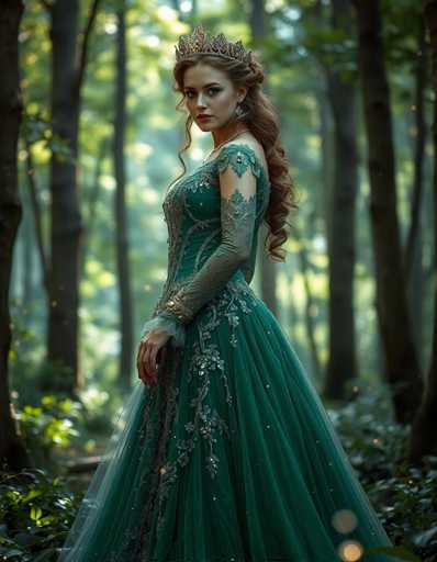 In this captivating image, a young woman stands gracefully in a lush forest, exuding an ethereal beauty reminiscent of a fairy tale. She is adorned in a stunning emerald green dress, intricately embellished with silver floral patterns that shimmer in the dappled sunlight. The dress features sheer sleeves that extend to her wrists, adding an element of delicate elegance. Her long, wavy brown hair cascades down her back, complementing the ornate silver crown that rests atop her head. The crown is adorned with a central jewel and flanked by smaller jewels on either side, enhancing her regal appearance. She gazes directly at the camera with a serene expression, her lips painted a soft pink. The background is a blur of verdant trees and bushes, with sunlight filtering through the leaves, casting a magical glow on the scene. The overall composition evokes a sense of enchantment, as if she has stepped out of a storybook into this enchanted forest.