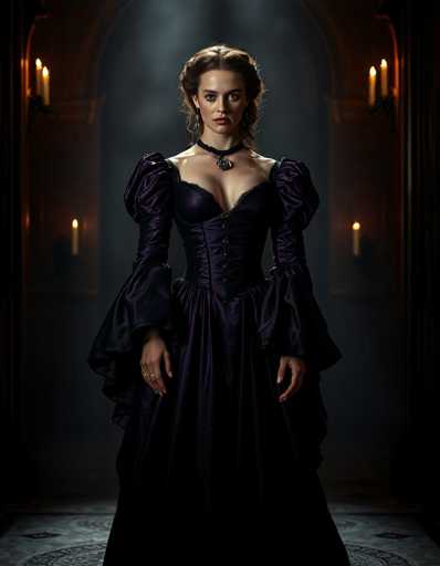 In this striking image, a woman stands poised in a dimly lit room, exuding an air of elegance and mystery. She is adorned in a stunning purple dress with puffy sleeves that taper into elegant, flowing drapes. The dress features a deep neckline that reveals a hint of cleavage, adding to her sophisticated allure. Around her neck, she wears a black choker necklace, which is embellished with a central pendant that adds a touch of intrigue to her ensemble.

Her brown hair is styled in an intricate updo, with loose strands cascading gently around her face, framing her features beautifully. She gazes directly at the camera with a serious expression, her lips closed, conveying a sense of determination and grace.

The room around her is shrouded in darkness, with the primary source of light emanating from candles mounted on the walls. These candles cast a warm, flickering glow that highlights the woman's figure and creates a dramatic, almost ethereal atmosphere. The floor beneath her is covered in a gray carpet, which adds a subtle contrast to the rich purple of her dress.

Overall, the image captures a moment of serene beauty and quiet intensity, with the woman as the focal point against the moody, candlelit backdrop.