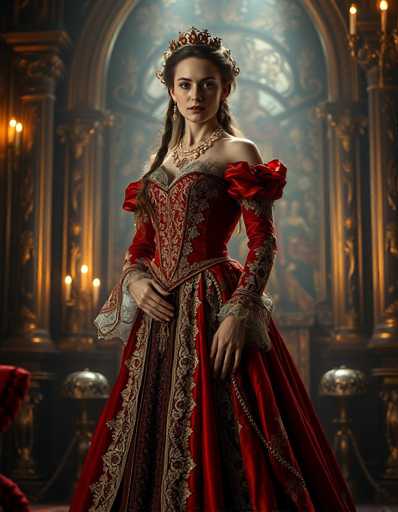 The image depicts a regal woman, possibly a queen, adorned in an elaborate red dress with intricate gold embroidery. The dress features puffy sleeves that taper into tight cuffs, and a corset-like bodice with a V-neckline. Her long brown hair is styled in two braids, one cascading over her shoulder and the other behind her. She wears a golden crown studded with red jewels and a matching necklace, along with dangling earrings. The woman stands in a stately, ornate room with gold-painted walls and large windows, some of which are adorned with stained glass. The room is illuminated by numerous lit candles, casting a warm glow. In the background, there are statues and possibly a painting, adding to the grandeur of the setting. The woman gazes directly at the camera with a composed expression, her right hand resting on her hip and her left hand gently touching her dress.