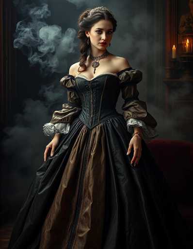 The image depicts a young woman, likely in her late teens or early twenties, dressed in an elaborate Victorian-style outfit. She stands in a dark room filled with swirling smoke, which adds a mysterious and ethereal quality to the scene. The woman is wearing a black corset with brown accents and a long, flowing skirt that transitions from black to brown. Her sleeves are puffy and brown, with white frills at the ends. She accessorizes with a large, ornate necklace featuring a circular pendant, a bracelet on her left wrist, and a tiara on her head. Her dark brown hair is styled in a ponytail that cascades over her right shoulder. She has fair skin, dark eyes, and red lips, and she gazes directly at the camera with a neutral expression. In the background, there is a table with a couple of lit candles and a lamp, adding to the vintage ambiance of the setting.