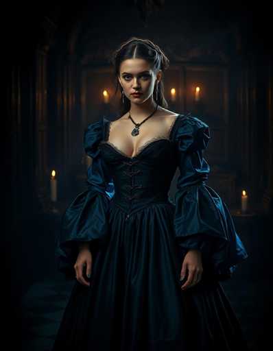 The image depicts a young woman, likely in her late teens or early twenties, dressed in an elaborate, old-fashioned black gown reminiscent of Victorian or medieval fashion. The dress features a deep neckline, puffy sleeves that taper at the elbows, and a corset-like bodice with lacing up the front. She wears a black necklace with a silver pendant, and her dark hair is styled in an intricate updo with a braid running down the center of her head. Her makeup is subtle, with a hint of red lipstick. The background is dimly lit, revealing a dark room adorned with candlelit sconces and a checkered floor, adding to the mysterious and somewhat eerie atmosphere. The woman stands with her hands at her sides, looking directly at the camera, her expression neutral.