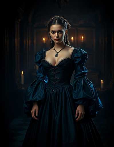 A woman stands in front of a dark room with candles on a table behind her. She is wearing a long blue dress and has her hands clasped together at her sides. The room features ornate decorations, including a large archway and a chandelier hanging from the ceiling.