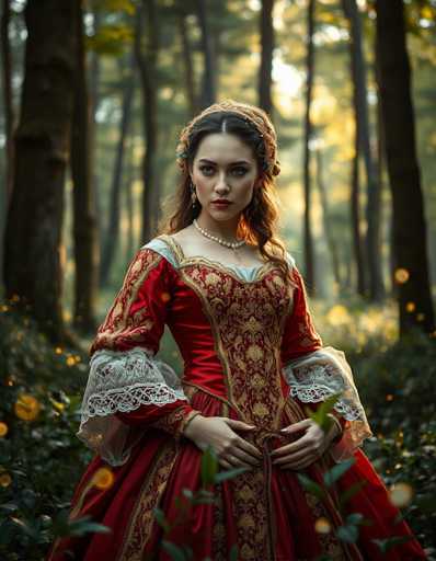 In this captivating image, a woman stands gracefully in a lush forest, surrounded by tall trees and vibrant greenery. She is adorned in a stunning red dress embellished with intricate gold patterns, exuding elegance and timeless beauty. Her long, wavy brown hair cascades down her shoulders, complementing her fair complexion. A delicate headband sits atop her head, adding a touch of ethereal charm. Around her neck, a pristine white pearl necklace gleams softly, while a gold cross pendant rests on her chest, catching the light. Her hands are gently placed on her stomach, and she gazes thoughtfully to the left, her expression serene and contemplative. The forest around her is alive with the dappled sunlight filtering through the leaves, creating a magical atmosphere that enhances the enchanting aura of the scene.