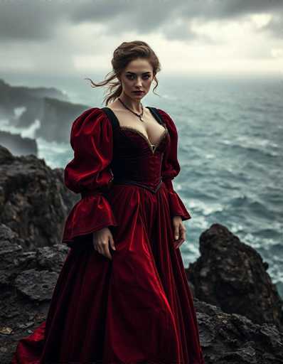 A captivating photograph features a woman standing on a rugged, rocky cliffside overlooking a vast, choppy ocean. The sky above is overcast with dark, gray clouds, adding a dramatic atmosphere to the scene. The woman, who has light brown hair styled in a ponytail with some strands flowing freely, is dressed in a striking red velvet gown. The dress is low-cut, revealing a significant amount of cleavage, and it cinches at the waist with a black belt. The gown's sleeves are voluminous and puffy, extending to her wrists. She stands with her hands at her sides, her gaze directed straight at the camera, exuding a sense of confidence and mystery. The ocean below is turbulent, with waves crashing against the rocks, enhancing the wild and untamed feel of the setting. The overall composition of the image is both haunting and beautiful, capturing a moment of solitary elegance amidst the raw power of nature.