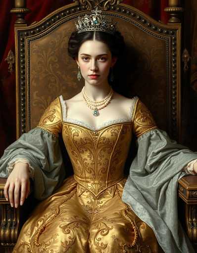 A woman is seated on a throne-like chair with gold and red upholstery, wearing a gold dress adorned with intricate embroidery and a tiara.