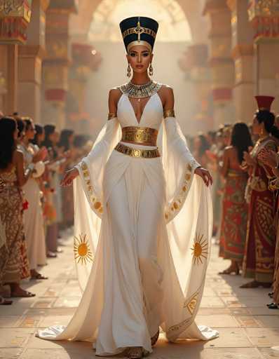 In this captivating image, a woman stands at the center, exuding an aura of regality and elegance. She is adorned in a stunning white dress that features intricate gold accents. The dress is designed with a deep V-neckline that gracefully reveals her shoulders and upper chest. A striking gold belt cinches her waist, complemented by a second, more elaborate gold belt positioned just above it. The dress is further embellished with delicate gold trim along the sleeves, adding a touch of opulence.

Her head is crowned with a black headdress that is accentuated by a gold band, enhancing her majestic appearance. She wears long, dangling earrings that catch the light, adding to her overall allure. The background is filled with people, all dressed in vibrant, colorful attire, creating a lively and festive atmosphere. The ground beneath her is a mosaic of light brown and gray tiles, each adorned with intricate designs, adding to the rich visual tapestry of the scene.