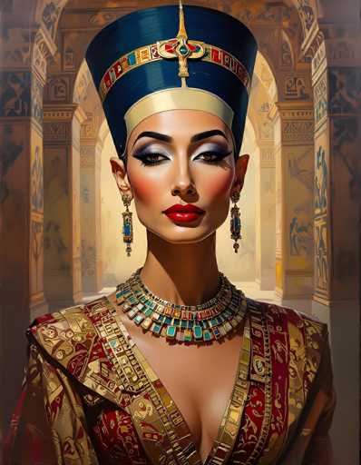 This image portrays a strikingly realistic painting of Cleopatra, the ancient Egyptian queen. She is adorned in a luxurious red and gold robe, with an elaborate headdress that features a gold band and a prominent gold cross at the front. Her makeup is meticulously detailed, with blue eyeshadow, black eyeliner, and bold red lipstick. She wears long, dangling earrings and an ornate necklace that appears to be made of turquoise and gold. The background suggests she is in an Egyptian temple, with golden arches and hieroglyphics visible on the walls. The overall composition is vivid and lifelike, capturing the essence of Cleopatra's regal presence.