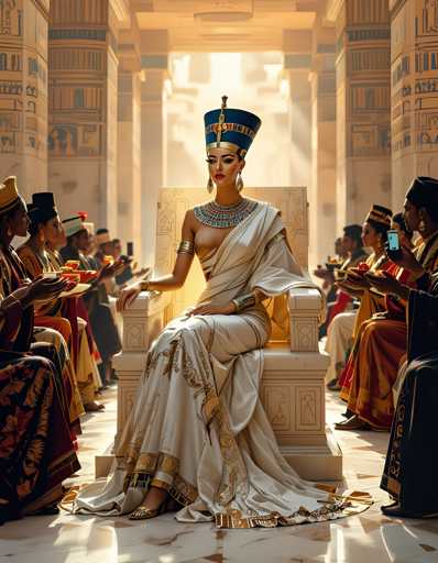 The image depicts an Egyptian queen seated on a throne, wearing a white dress and a blue headdress with gold accents. The queen is surrounded by several people dressed in traditional Egyptian clothing, suggesting a royal gathering or ceremony.