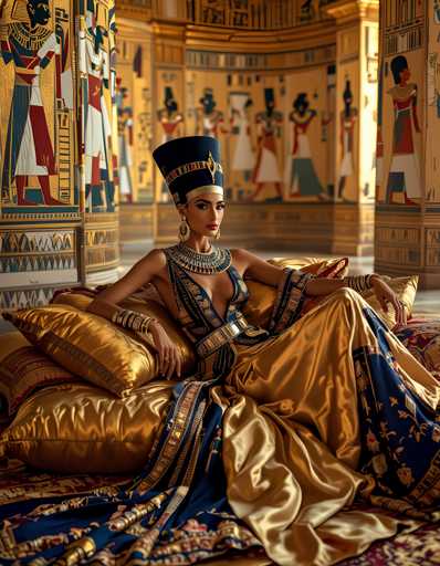 A woman is seated on a large pillow with her legs crossed and wearing an ornate gold dress adorned with blue and red accents. She has a black headdress atop her head and is positioned in front of a wall decorated with Egyptian hieroglyphics.