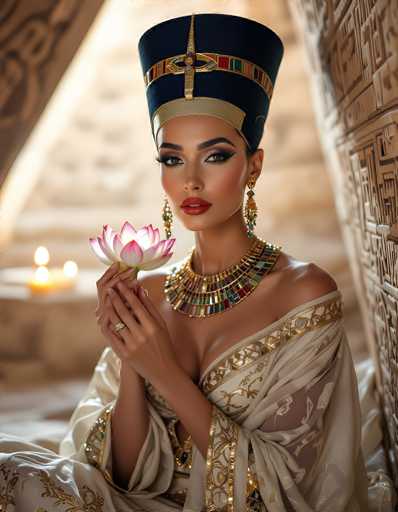 The image depicts a highly detailed, photorealistic AI-generated portrayal of Cleopatra, seated in a regal pose. She is adorned in an elaborate Egyptian-style headdress, predominantly black with intricate gold and multicolored patterns, including a gold band at the base. Her makeup is striking, featuring dark, winged eyeliner, bold red lipstick, and thick black eyebrows. She wears long, dangling gold earrings and a large, ornate necklace with a multicolored pattern, matching the hues of her headdress. Her attire is a luxurious white dress with gold trim, draped elegantly over her shoulders. In her hands, she holds a pink and white lotus flower, symbolizing purity and rebirth. The background is softly blurred, revealing a stone wall with hieroglyphics and a table with lit candles, enhancing the ancient Egyptian ambiance.