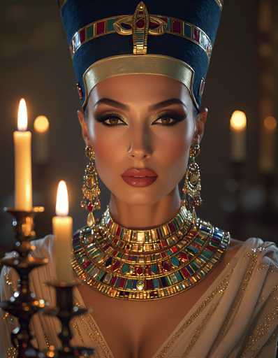 This image depicts a highly detailed, computer-generated representation of Cleopatra, the ancient Egyptian queen. She is adorned in a striking blue headdress, embellished with gold and red accents, and features a prominent gold band at the base. Her face is made up with heavy eye makeup, including black eyeliner and gold eyeshadow, and she wears a bold red lipstick. She is dressed in a white gown with gold trim, and around her neck is an elaborate, multi-layered necklace composed of gold and various colored gemstones, including reds, blues, and greens. Her long, dangling earrings are also adorned with gold and red gemstones. The background is dark, with a few lit candles adding a touch of warmth to the scene.