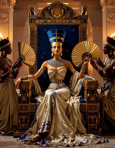 The image depicts a regal scene reminiscent of ancient Egypt, featuring a central figure who appears to be a queen. She is seated on an ornate throne with a blue background and intricate gold designs. The throne itself is adorned with elaborate patterns and symbols, including a prominent blue and gold headdress on the queen's head. She is dressed in a flowing white gown with blue and gold accents, and wears an elaborate necklace with similar colors. Her arms are adorned with bracelets, and she holds a gold fan in her left hand. Flanking her on either side are two women, also dressed in white gowns with gold and blue details, each holding a gold fan. The background features white walls with gold trim and decorative elements, enhancing the opulent atmosphere of the scene.