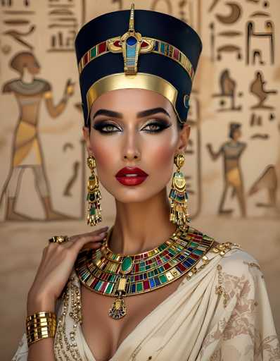 This image portrays a strikingly realistic AI-generated depiction of Cleopatra, the ancient Egyptian queen. The artwork features a woman with dark skin, adorned in elaborate Egyptian attire. She wears a black headdress embellished with gold and red accents, and a prominent blue jewel at the front. Her makeup is bold, with dark eyebrows, heavy eye shadow, and bright red lipstick. 

Her ears are adorned with long, dangling gold earrings, and around her neck, she wears an intricate collar necklace composed of various colored jewels, including green, blue, red, and yellow. The necklace is detailed with gold accents and features a large green jewel at its center. She is dressed in a white robe, and her right hand, which is raised to her shoulder, displays a gold bracelet and a ring. 

The background of the image is a light brown hue, decorated with ancient Egyptian hieroglyphics and figures, enhancing the historical ambiance of the scene. The overall composition is highly detailed and lifelike, showcasing the AI's ability to create a vivid and authentic representation of this iconic figure.