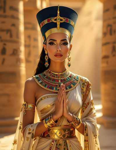 A woman wearing an ornate headdress and a flowing white dress with gold accents stands before the columns of the Great Pyramid of Giza, Egypt.