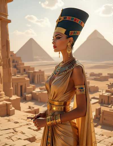 This image depicts a highly detailed, computer-generated portrayal of an ancient Egyptian woman standing in front of two pyramids. The woman is adorned in a golden dress with a matching golden belt, and she wears an elaborate black headdress featuring gold accents and a striking red stripe. Her attire is further embellished with numerous gold bracelets and bangles, and she has long, dangling gold earrings. The woman's face is characterized by dramatic black eyeliner and red lipstick, and she gazes off to the left. The background showcases a desert landscape with two pyramids, one prominently in the foreground and the other slightly blurred in the distance. Surrounding the pyramids are smaller, tan-colored buildings, and the sky is a light blue with scattered white clouds. The overall scene is bathed in a warm, golden light, enhancing the ancient and majestic atmosphere.