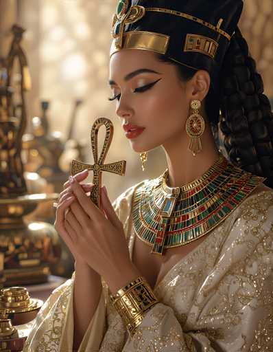 The image depicts a highly detailed, computer-generated portrayal of an Egyptian woman, possibly a pharaoh or goddess, seated in a regal pose. She is adorned in an elaborate white robe embellished with gold embroidery and sequins, exuding a sense of opulence. Around her neck, she wears a large, ornate collar necklace featuring intricate patterns in gold, red, green, and blue, reminiscent of ancient Egyptian jewelry. Her wrists are adorned with thick gold bracelets, and she holds a golden ankh in her hands, symbolizing life.

Her face is meticulously made up, with striking cat-eye eyeliner, long eyelashes, and bold red lipstick. She wears a black headdress with gold accents and a prominent green jewel at the front, complementing her overall regal appearance. Her long black hair is styled in a braid that drapes over her left shoulder. The background is blurred, but it hints at a setting filled with golden statues and artifacts, enhancing the ancient Egyptian ambiance of the scene.