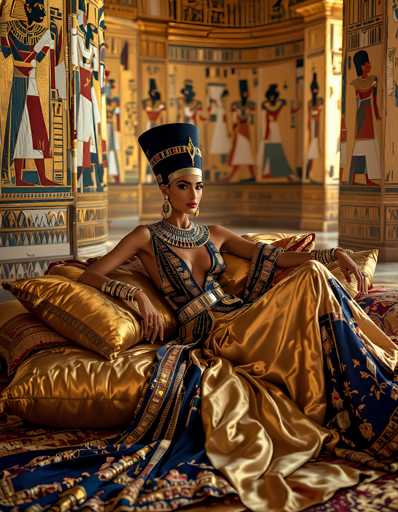The image depicts a highly detailed, AI-generated representation of Cleopatra, the ancient Egyptian queen. She is seated on a luxurious gold cushion, adorned in a stunning gold and blue dress with intricate hieroglyphics. Her attire includes a large, ornate necklace, multiple bracelets, and a tall, elaborate headdress. The background features a grand, opulent room with gold walls and hieroglyphics, showcasing various Egyptian figures. The overall scene exudes a sense of regality and historical richness, capturing the essence of Cleopatra's era.