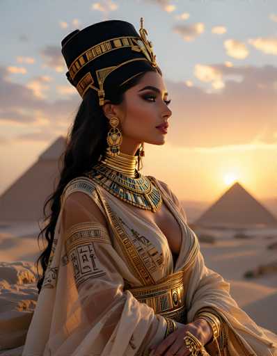In this captivating image, a woman stands poised in front of the majestic pyramids of Egypt, bathed in the warm, golden hues of a setting sun. She is adorned in an elaborate Egyptian-inspired outfit, featuring a flowing white robe embellished with intricate gold and blue patterns. Her attire includes a striking gold belt and a matching choker necklace that rests elegantly on her chest. The woman's long, dark hair cascades down her back, complementing her regal appearance. She wears a black and gold headdress that resembles a crown, adding to her royal demeanor. Her face is accentuated with dramatic makeup, including dark eyeshadow and bold red lipstick, enhancing her striking features. She gazes thoughtfully to the right, her expression serene and contemplative. The background is slightly blurred, drawing attention to her detailed and ornate ensemble, while the pyramids stand as silent sentinels behind her, completing this picturesque scene.