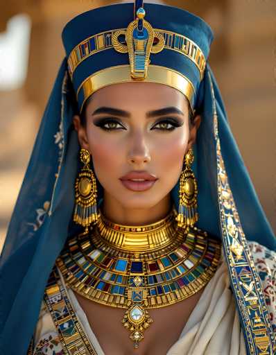 This image features a strikingly realistic AI-generated portrayal of an Egyptian queen. The queen's face is adorned with meticulously applied makeup, including bold black eyeliner and a touch of red lipstick. Her skin is a rich brown tone, complementing her regal appearance. She wears an elaborate blue headdress, intricately decorated with gold accents and adorned with a prominent gold and blue jewel at the front. A blue veil drapes elegantly over her head and shoulders, adding to her majestic aura.

Her attire is equally opulent, with a white robe embellished with gold and blue details. Around her neck, she wears an elaborate gold collar, richly decorated with blue, green, and red jewels, and featuring a central white jewel. A blue sash with gold accents crosses her chest, further enhancing her royal appearance. The background is a soft, blurred brown, which helps to focus attention on the queen's detailed and lifelike features.