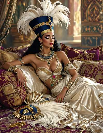 The image portrays a woman dressed in elaborate ancient Egyptian attire, seated on a couch adorned with red and gold pillows. She wears a striking blue and gold headdress, reminiscent of a pharaoh's crown, adorned with large white feathers. Her makeup is bold, featuring bright red lipstick and dark eyeshadow, complementing her long black hair. She is adorned with an array of jewelry, including a heavy gold necklace with blue and gold accents, large green earrings, and multiple bracelets on both wrists. Her outfit consists of a white and gold bra-like top, revealing her midriff, and a flowing white skirt. In front of her lies a fan with blue and gold details and white feathers. The background is blurred, but hints at an ornate, possibly ancient Egyptian setting, with a glimpse of a window and a wall decorated in gold and green hues.