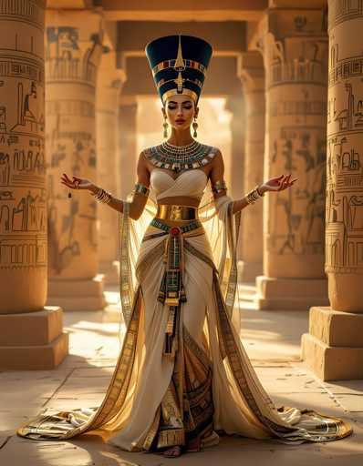 A woman is standing in front of a temple with her arms outstretched and wearing an elaborate costume that includes a blue headdress adorned with gold accents and a white dress with gold trim. The temple behind the woman features intricate carvings on its columns and walls, suggesting it may be a historical or culturally significant site.