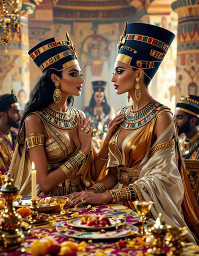 In this AI-generated image, two women are seated at a table adorned with a red and gold tablecloth, surrounded by an array of gold chalices, plates of food, and a lit candle. The woman on the left is dressed in a gold dress with a matching gold belt and a large, ornate necklace featuring a mosaic of blue, red, and yellow tiles. She wears a gold armband and a gold bracelet on her right wrist, and her long black hair cascades down her back. Her head is adorned with a blue hat embellished with gold and colorful tiles, and she has red lipstick and dark eyes. The woman on the right is similarly dressed in a gold dress with a gold belt and a large, ornate necklace. She also wears a blue hat with gold and colorful tiles, and her long black hair is styled in a bun. Her head is turned to the left, looking at the other woman, and she has red lipstick and dark eyes. In the background, there are two men with beards and black hair, also wearing blue hats with gold and colorful tiles, seated at the table. The scene is set in a grand, ornate room with gold and blue walls, featuring a painting of a woman in a blue hat. The overall atmosphere is one of opulence and elegance, with the women's attire and the room's decor reflecting a rich, historical ambiance.
