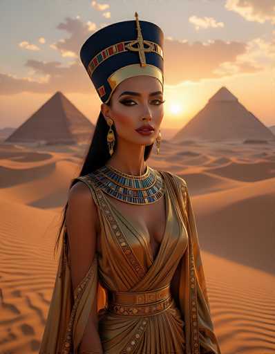 The image depicts a strikingly realistic scene of a woman standing in front of two pyramids during a sunset. The woman, who appears to be of Egyptian descent, is adorned in an elaborate gold dress with a deep V-neckline that reveals a significant portion of her chest. The dress is intricately detailed with gold and blue patterns, and it features a gold belt with a blue stripe at the waist. She wears a large, ornate collar around her neck, composed of three layers of blue and gold, and a long, flowing cape that drapes down her back.

Her head is crowned with an elaborate blue hat, embellished with gold and blue stripes, and a prominent gold cross at the front. She has long, dark hair that cascades down her back, and her face is made up with striking red lipstick, dark eyebrows, and eye shadow. Large, dangling earrings complete her regal appearance.

The background showcases two pyramids, one on the left and one on the right, with the setting sun positioned between them. The sky is a blend of blue and orange hues, with clouds tinged with the warm colors of the sunset. The entire scene is bathed in a golden light, enhancing the ancient and mystical atmosphere of the image.
