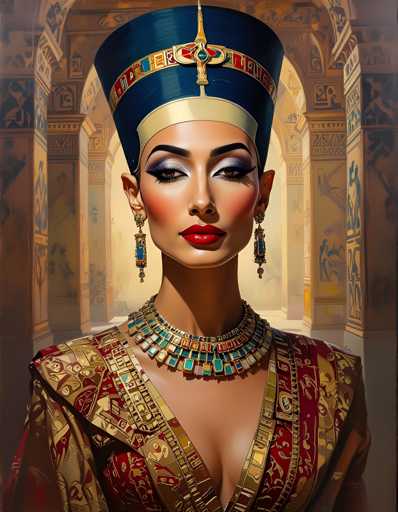 The image depicts a woman wearing an ornate headdress and a gold necklace with blue stones. She is dressed in a red and gold robe that features a plunging neckline. The background of the image shows a hallway or corridor, suggesting that this scene takes place within a building or structure.