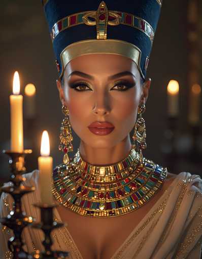 The image shows a woman wearing an ornate gold and blue headdress with a large feather on the side of her head. She is also wearing a necklace made up of colorful jewels that sparkles under the light. The background features three candles, one on each side of the frame, casting a warm glow over the scene.