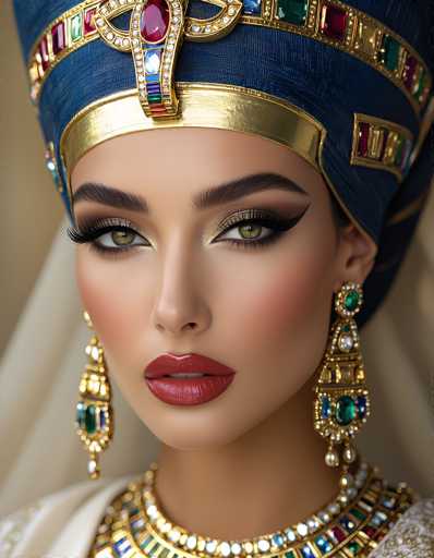 This image portrays a close-up of a woman's face, adorned with an elaborate Egyptian-style headdress. The headdress is predominantly blue, featuring intricate gold trim and a prominent gold band at the base. At the center of the headdress, a striking red jewel is encircled by a gold band, with additional jewels embellishing the top and bottom. The woman's face is accentuated with heavy makeup, including bold red lipstick, and she wears large, dangling earrings that are gold with green jewels. Her attire includes a white garment with gold trim, visible at the shoulders. The background is a muted beige, ensuring the focus remains on the detailed and regal presentation of the woman.