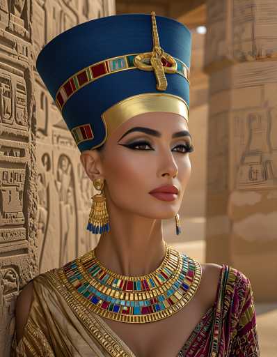 The image shows a woman wearing an elaborate costume and headdress from ancient Egypt. She is positioned against the backdrop of a temple wall with hieroglyphics on it. The woman's attire consists of a gold and blue dress adorned with colorful jewels, and she wears a large headdress featuring a golden emblem at the top.