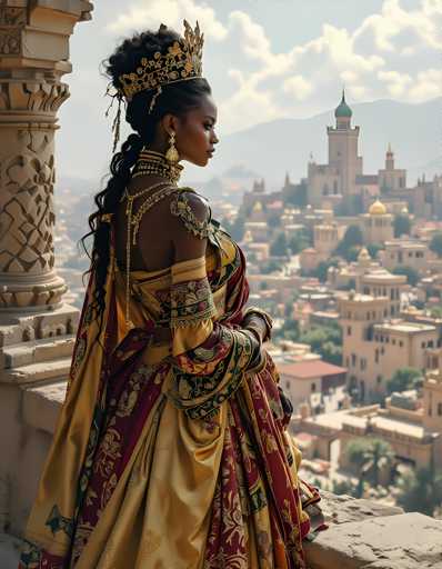 A woman wearing a gold and red dress with a crown on her head is standing on a stone wall overlooking a cityscape.