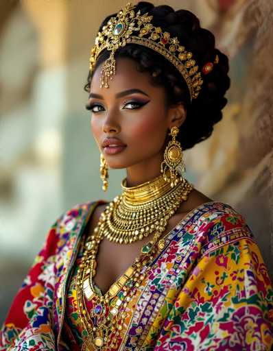 The image features a striking young woman, possibly of Indian or Middle Eastern descent, with dark brown skin and black hair styled in an elaborate updo. She is adorned in a vibrant, intricately patterned dress that combines hues of yellow, red, blue, green, and purple, evoking traditional Indian attire. Her ensemble is further embellished with an array of gold jewelry, including a thick, ornate choker necklace, multiple layered necklaces, and long, dangling earrings. A golden crown sits atop her head, with a jewel hanging down between her eyebrows. Her makeup is bold and dramatic, with dark eyeshadow, long eyelashes, and pink lipstick. The background is blurred, drawing focus to her detailed and regal appearance.