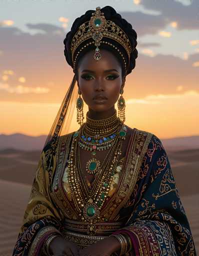The image depicts a striking black woman adorned in an elaborate, traditional outfit that exudes regal and cultural significance. She wears a grand, ornate headdress that resembles a crown, intricately designed with gold and studded with various jewels, including a prominent green emerald at the center. The headdress features a long, dangling ornament that extends down to her chest, adding to the regal appearance.

Her makeup is bold and dramatic, with heavy eye shadow and lipstick that accentuates her features. She is adorned with long, dangling earrings that also feature green emeralds, matching the jewels in her headdress. Around her neck, she wears an elaborate choker necklace, followed by a series of additional necklaces that include a large, prominent green emerald pendant.

Her attire is equally elaborate, with a dress that appears to be made of rich, luxurious fabrics in shades of gold, blue, and green. The dress is intricately patterned with gold designs and features a V-neckline. She also wears multiple bracelets on her arms, adding to the overall opulent and traditional aesthetic of her ensemble.

The background of the image is slightly blurred, but it suggests a desert setting with sand dunes and a sky that transitions from blue to orange, indicating either sunrise or sunset. The overall composition of the image highlights the woman's regal and majestic presence, making her the focal point against the serene, natural backdrop.