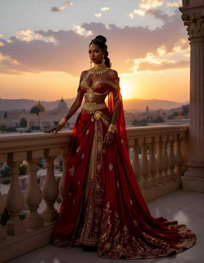 A woman is standing on a balcony with her back to the camera, wearing a vibrant red and gold dress that features intricate gold embroidery along the skirt and bodice. She is also wearing a gold headpiece and earrings. The setting appears to be an outdoor location, possibly in a city or town, as suggested by the presence of buildings visible in the background.
