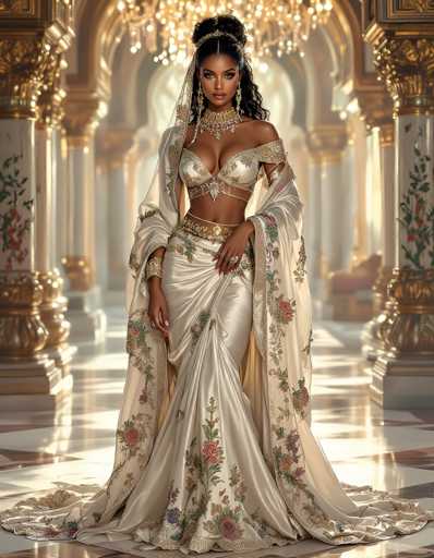 The image depicts a strikingly beautiful woman with dark skin and long, wavy black hair styled in an elegant updo. She is adorned with a gold headband and large, dangling gold earrings. Her makeup is meticulously applied, featuring bold red lipstick and dramatic eye makeup. She wears an elaborate gold necklace with a prominent pendant, adding to her regal appearance.

Her attire is equally impressive. She dons a gold bra with intricate designs, complemented by a matching gold belt with a large buckle. Her skirt is a cream color, embellished with vibrant floral patterns in shades of pink, blue, and green. Draped over her shoulders is a luxurious gold robe that cascades to the floor, creating a dramatic effect. The robe features a floral pattern that mirrors the design on her skirt.

The woman stands in a grand, ornate room with white marble floors and gold accents. The space is adorned with numerous pillars, some of which are intricately painted with floral motifs. A chandelier hangs above her, casting a soft light that enhances the opulent atmosphere. The overall scene exudes an air of grandeur and elegance, with the woman as the focal point of this captivating image.