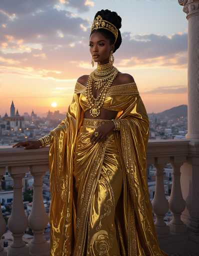 The image depicts a striking scene of a black woman standing on a balcony, overlooking a cityscape at sunset. She is adorned in a luxurious, golden dress that features intricate designs and a midriff-baring top. The dress is complemented by a matching golden cape that drapes elegantly over her shoulders. Her ensemble is accentuated by an array of gold jewelry, including a large, ornate necklace with a prominent pendant, long dangling earrings, and a gold belt. She wears a golden crown that sits atop her black hair, which is styled in a bun. Her right hand rests on the balcony railing, while her left hand is positioned in front of her body. The balcony itself is constructed of white stone, with a large column visible on the right side. The background reveals a city skyline with buildings and a mountain on the right, all bathed in the warm hues of a setting sun. The sky is a mix of blue and gray, with clouds tinged in orange and pink, adding to the serene yet majestic atmosphere of the scene.