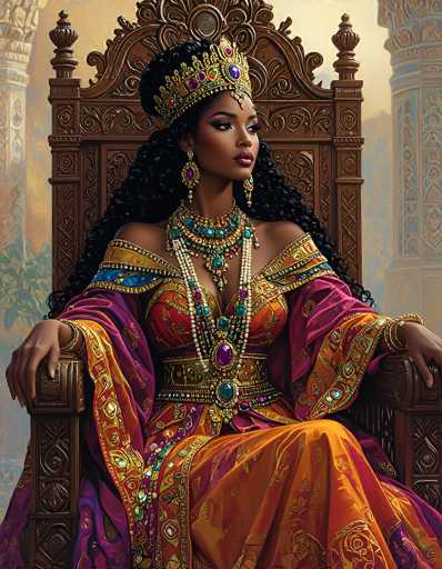 This detailed illustration depicts a regal African queen seated on an ornate, dark brown throne adorned with intricate carvings and floral designs. The throne features two armrests, one of which the queen's right hand rests upon. She is dressed in a luxurious ensemble, consisting of a red and gold dress with a purple shawl draped over her shoulders. Her attire is further embellished with an array of jewels, including a prominent purple jewel on her chest and a matching purple jewel on her headpiece. The queen's long, curly black hair cascades down her back, and she wears elaborate purple earrings and a necklace adorned with blue and purple jewels. Her makeup is striking, with red lipstick and dark eyeshadow accentuating her features. The background of the image is a muted beige, highlighting the queen's vibrant and opulent appearance.