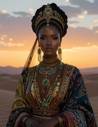 The image depicts a woman wearing traditional Middle Eastern attire with a blue and gold dress adorned with intricate gold jewelry and a large headdress featuring a green gemstone at the top. The setting is a desert landscape under a sunset sky, creating a serene and majestic atmosphere.